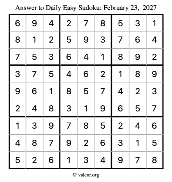 Answer to easy sudoku February 23, 2027