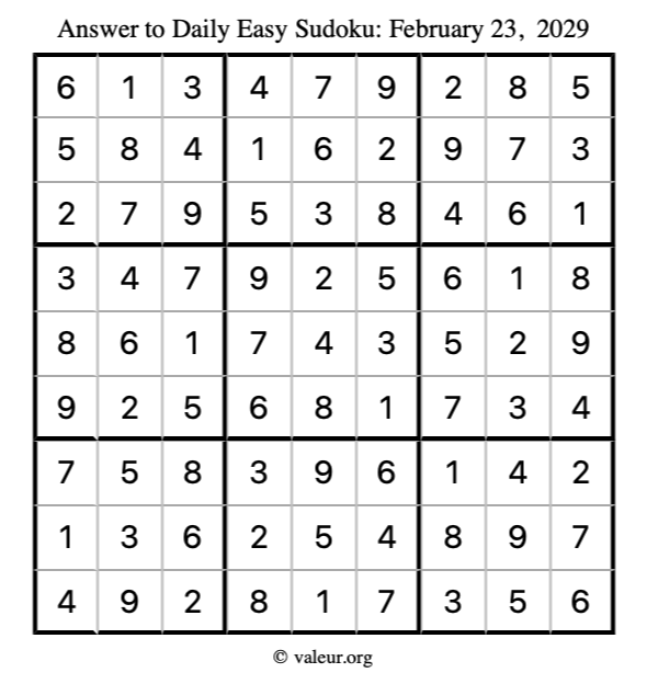 Answer to easy sudoku February 23, 2029