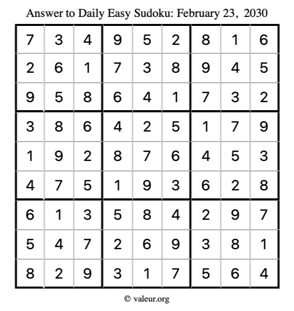 Answer to easy sudoku February 23, 2030