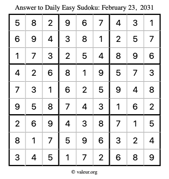Answer to easy sudoku February 23, 2031