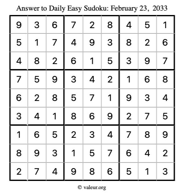 Answer to easy sudoku February 23, 2033