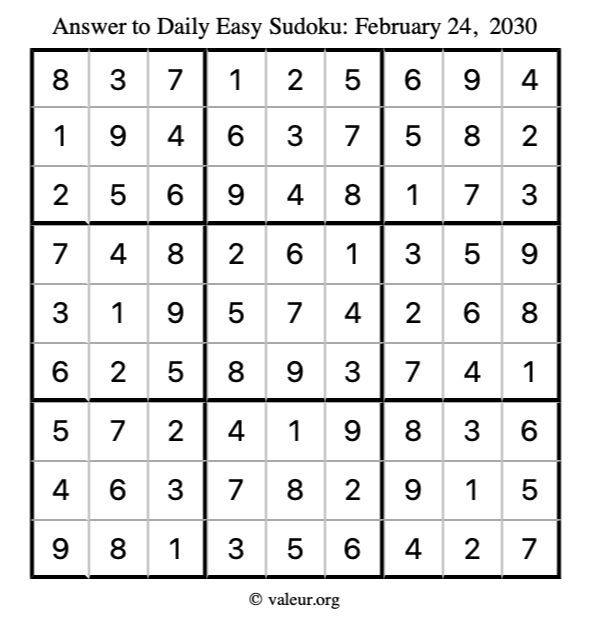 Answer to easy sudoku February 24, 2030