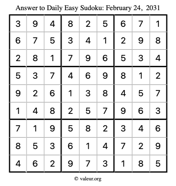 Answer to easy sudoku February 24, 2031