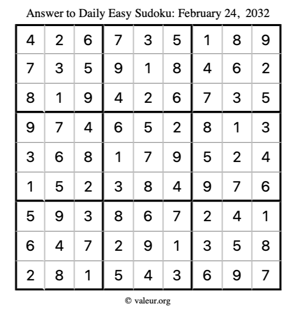 Answer to easy sudoku February 24, 2032