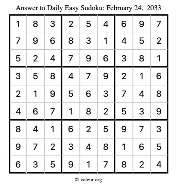 Answer to easy sudoku February 24, 2033