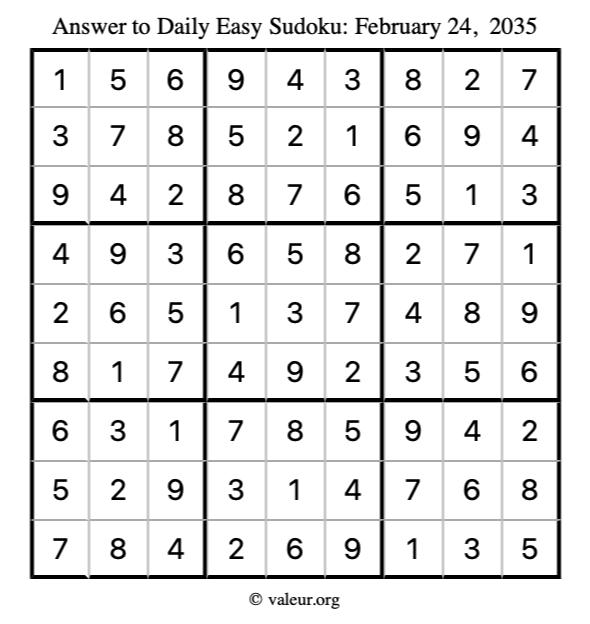 Answer to easy sudoku February 24, 2035