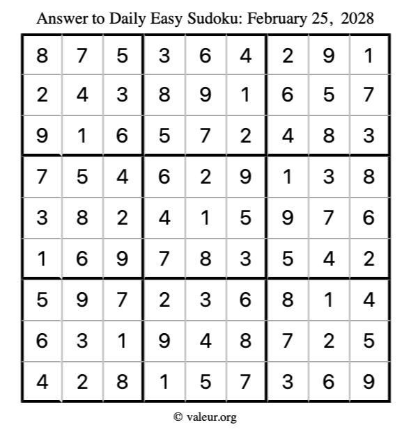 Answer to easy sudoku February 25, 2028