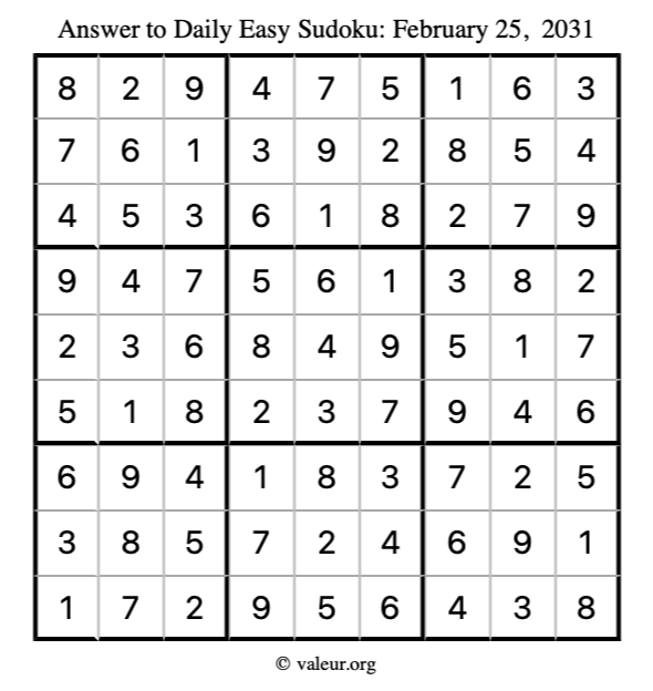 Answer to easy sudoku February 25, 2031