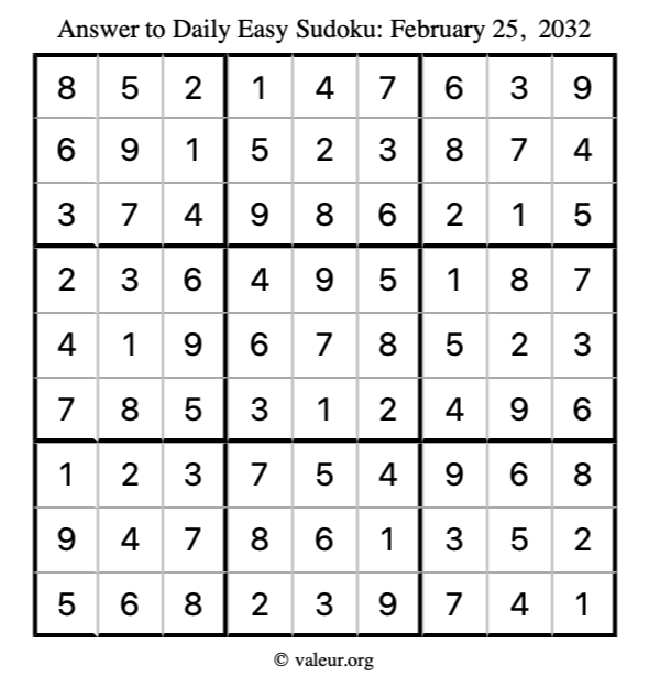 Answer to easy sudoku February 25, 2032
