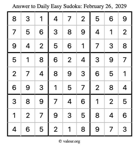 Answer to easy sudoku February 26, 2029