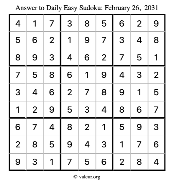 Answer to easy sudoku February 26, 2031