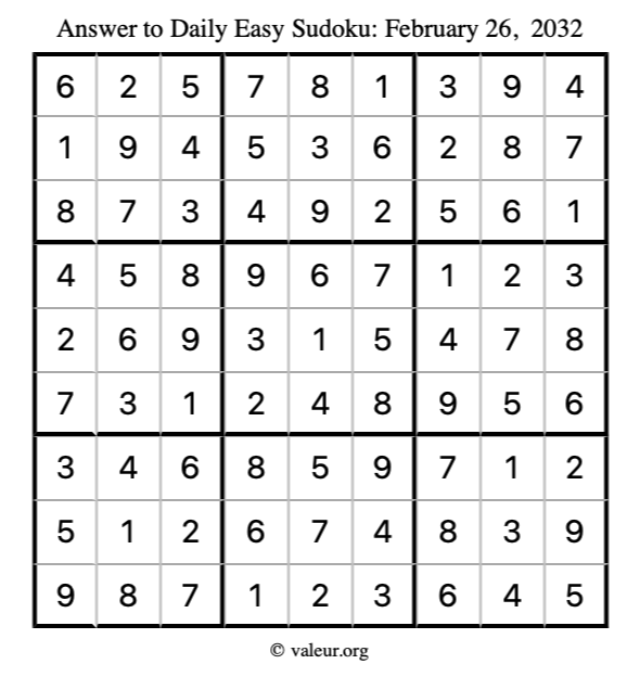 Answer to easy sudoku February 26, 2032