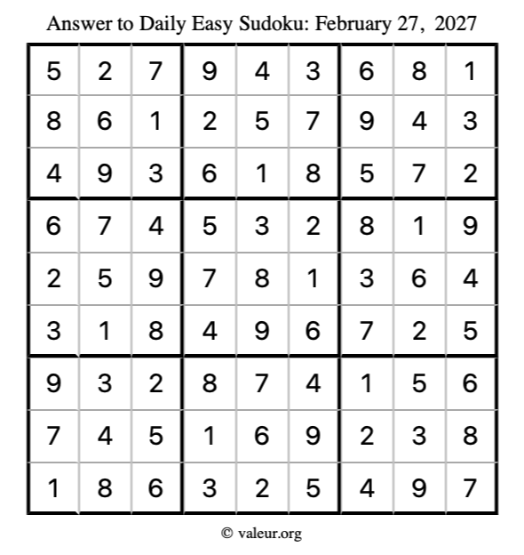 Answer to easy sudoku February 27, 2027