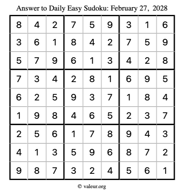 Answer to easy sudoku February 27, 2028