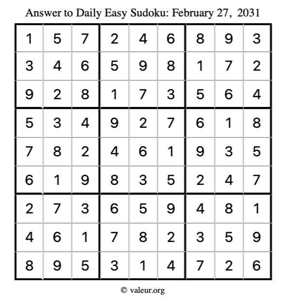 Answer to easy sudoku February 27, 2031
