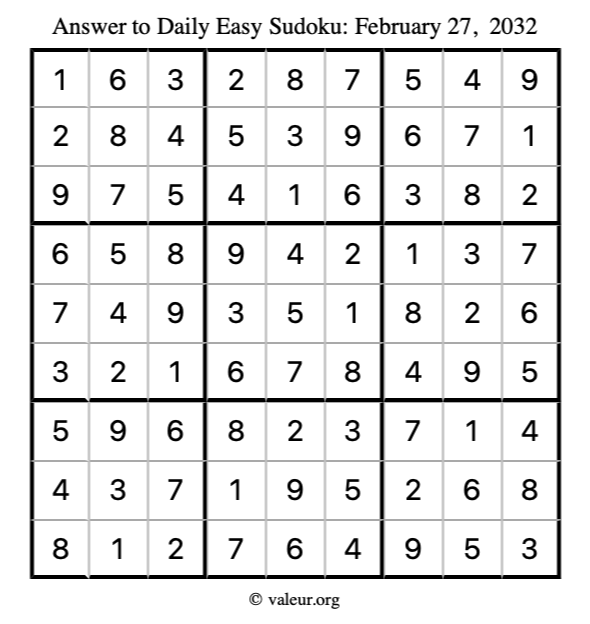 Answer to easy sudoku February 27, 2032
