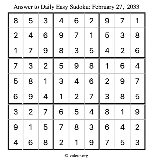 Answer to easy sudoku February 27, 2033