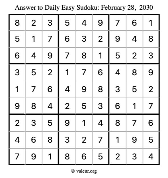 Answer to easy sudoku February 28, 2030