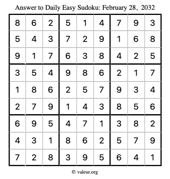 Answer to easy sudoku February 28, 2032