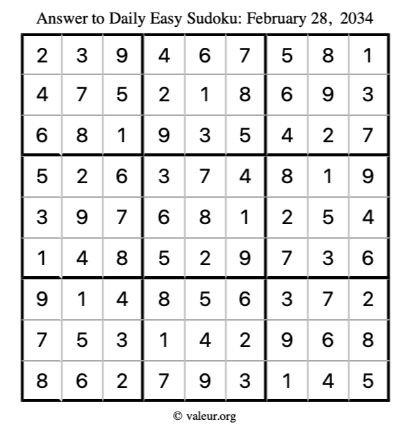 Answer to easy sudoku February 28, 2034