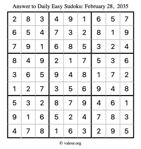 Answer to easy sudoku February 28, 2035