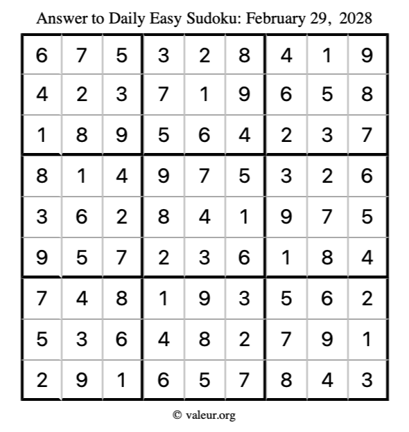 Answer to easy sudoku February 29, 2028