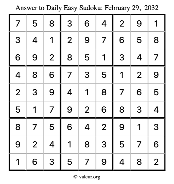 Answer to easy sudoku February 29, 2032