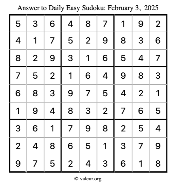 Answer to easy sudoku February 3, 2025