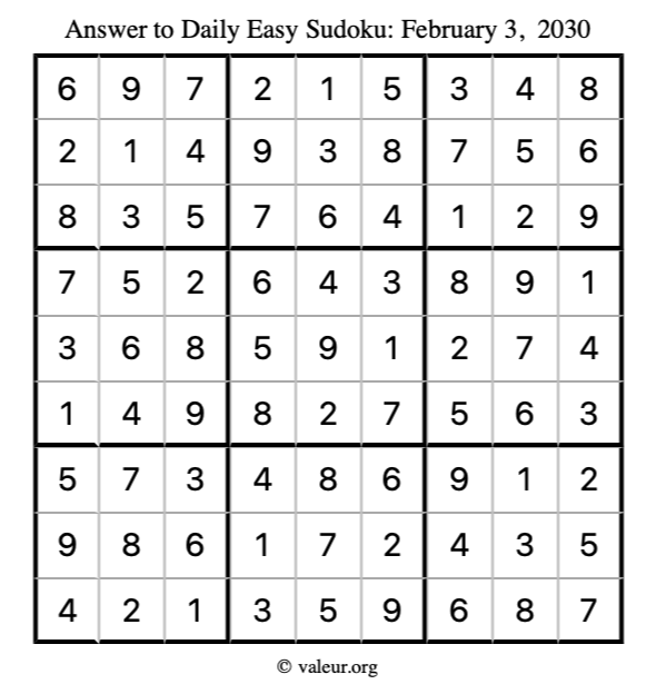 Answer to easy sudoku February 3, 2030