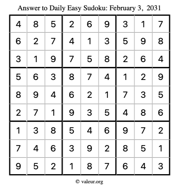 Answer to easy sudoku February 3, 2031
