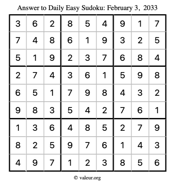 Answer to easy sudoku February 3, 2033