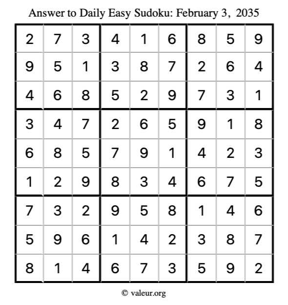 Answer to easy sudoku February 3, 2035