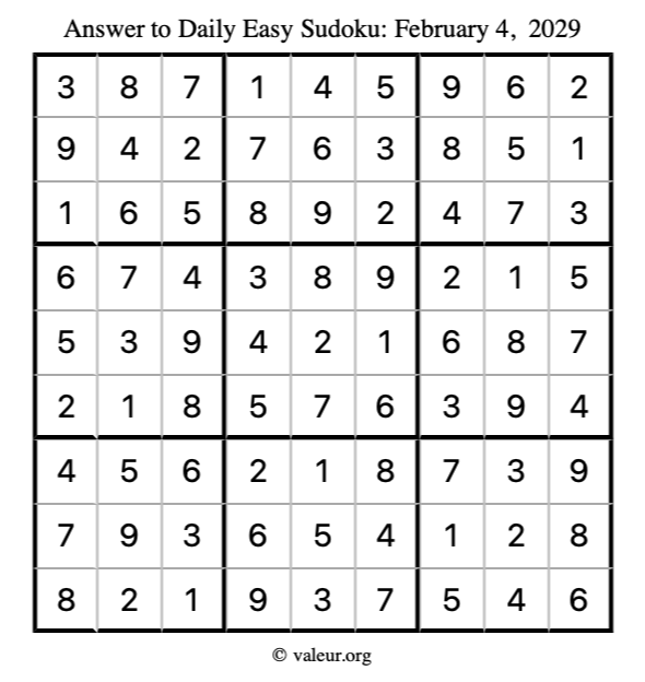 Answer to easy sudoku February 4, 2029
