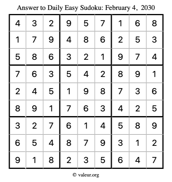 Answer to easy sudoku February 4, 2030