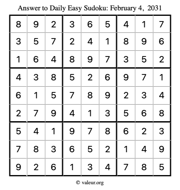 Answer to easy sudoku February 4, 2031