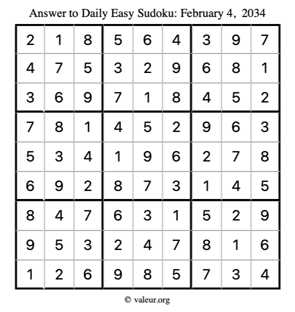 Answer to easy sudoku February 4, 2034