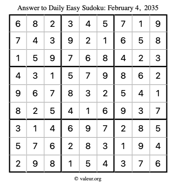 Answer to easy sudoku February 4, 2035