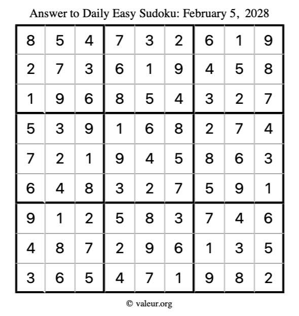 Answer to easy sudoku February 5, 2028
