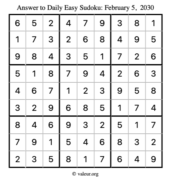 Answer to easy sudoku February 5, 2030