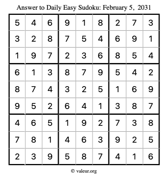 Answer to easy sudoku February 5, 2031