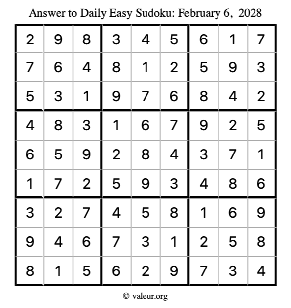 Answer to easy sudoku February 6, 2028