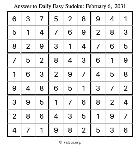 Answer to easy sudoku February 6, 2031