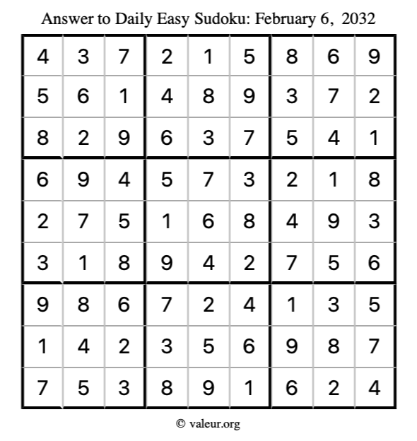 Answer to easy sudoku February 6, 2032