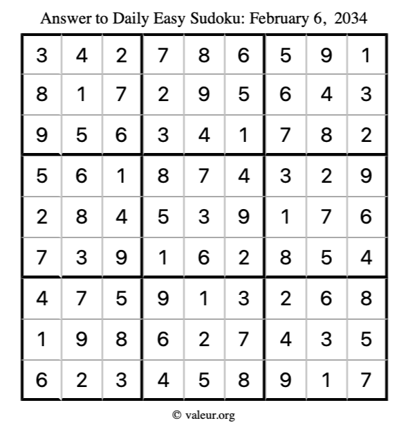 Answer to easy sudoku February 6, 2034