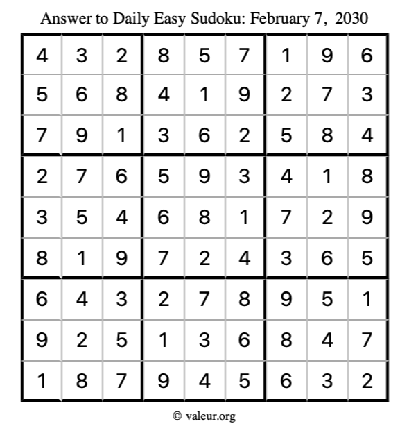 Answer to easy sudoku February 7, 2030