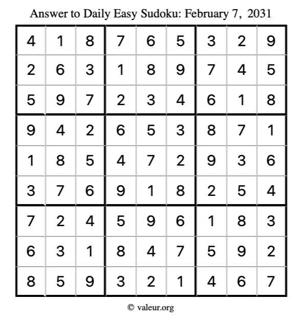 Answer to easy sudoku February 7, 2031