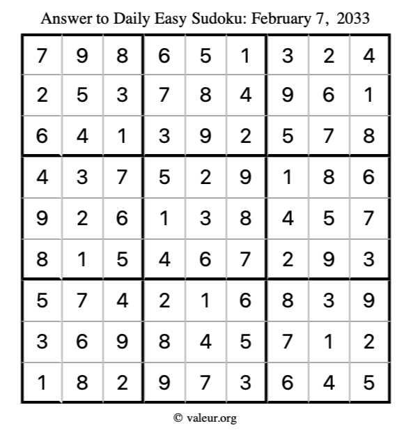 Answer to easy sudoku February 7, 2033