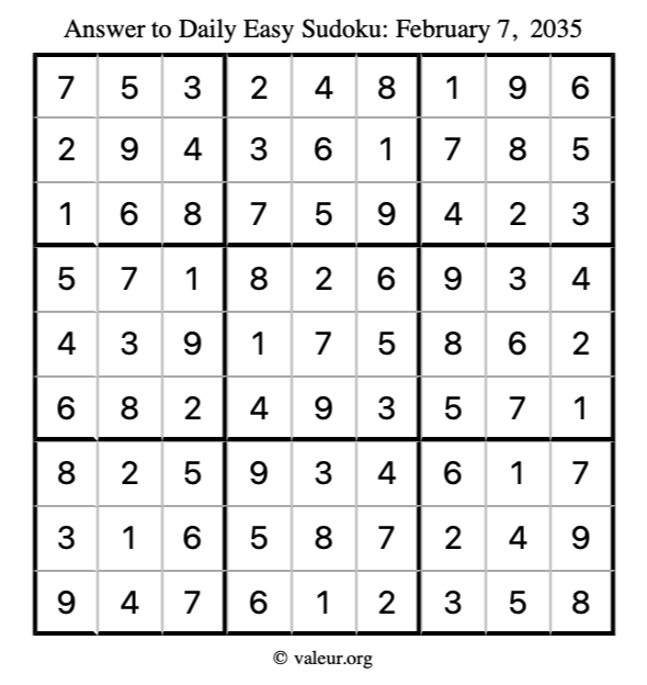 Answer to easy sudoku February 7, 2035
