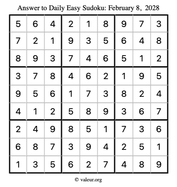 Answer to easy sudoku February 8, 2028
