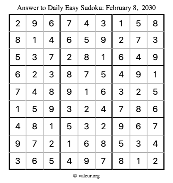 Answer to easy sudoku February 8, 2030